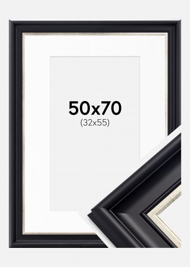 Rahmen Dalarna Schwarz-Silber 50x70 cm - Passepartout Weiß 33x56 cm
