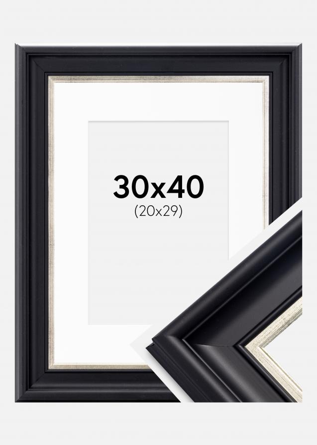 Rahmen Dalarna Schwarz-Silber 30x40 cm - Passepartout Weiß 21x30 cm