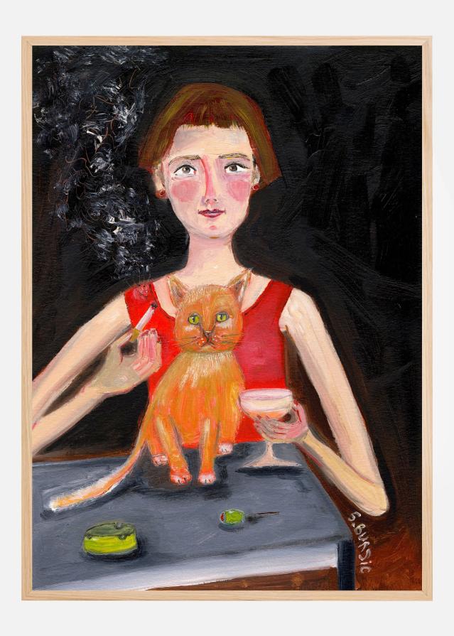 Vintage woman with cocktail and cat Poster