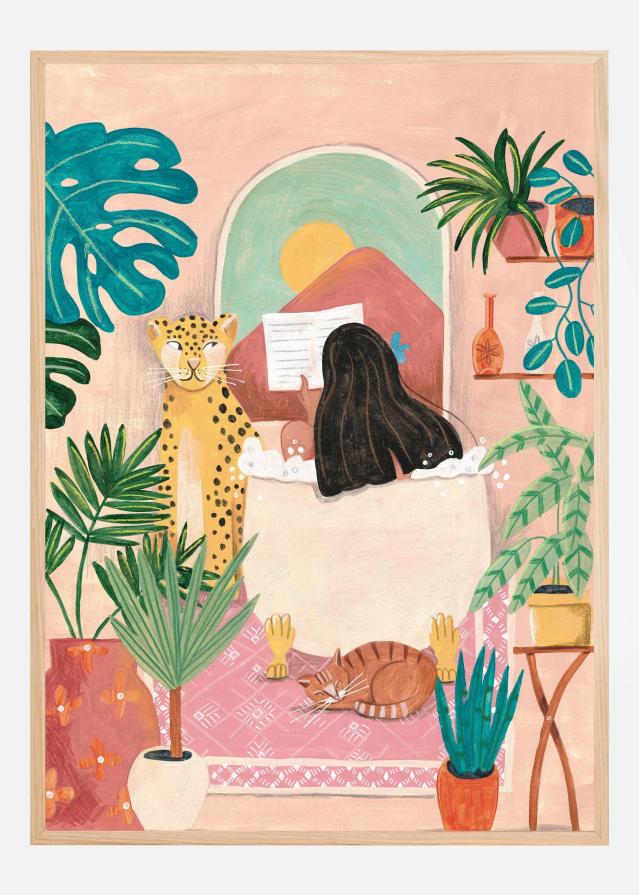 Woman taking bath in pink tropical bathroom Poster