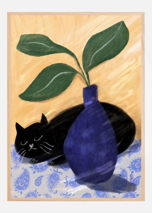 Sleeping Black Cat On Paisly Poster