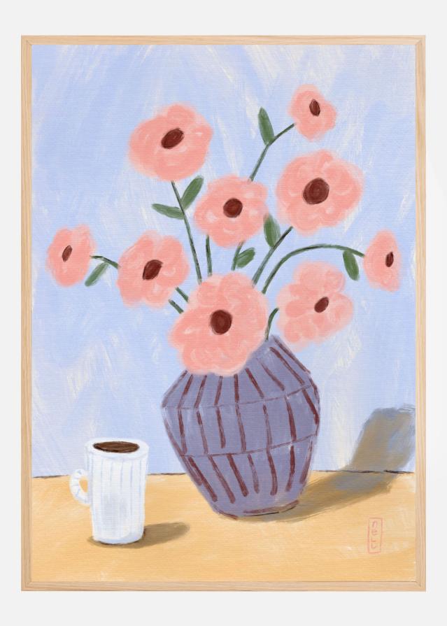 Coffee and Flowers Simple Still Life Painting Poster