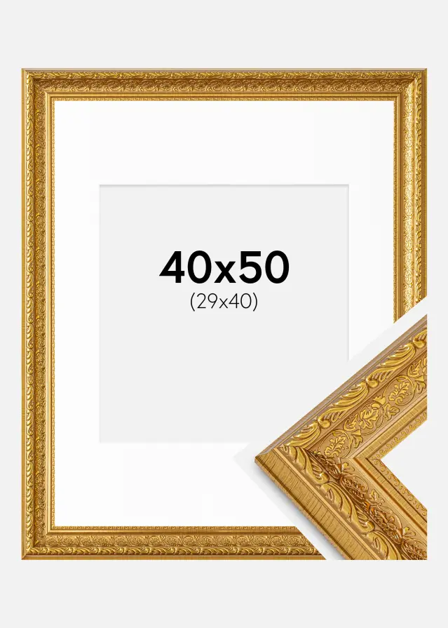 Rahmen Ornate Gold 40x50 cm - Passepartout Weiß 30x41 cm
