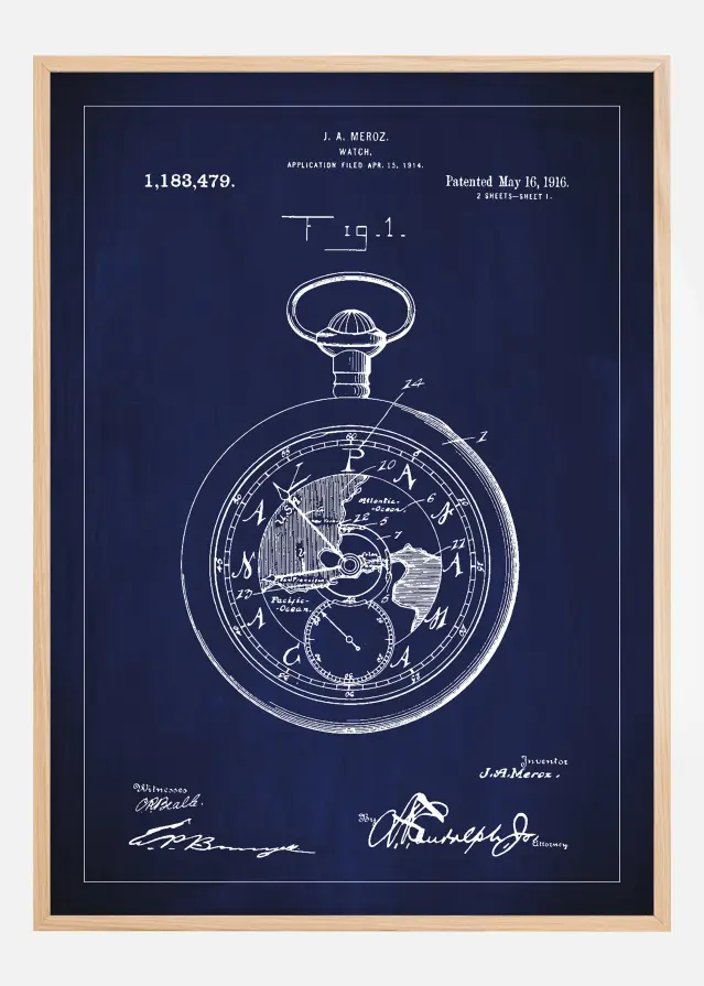 Patentzeichnung - Taschenuhr - Blau Poster