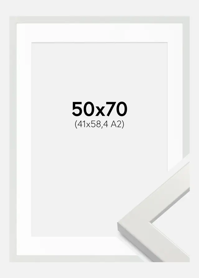 Rahmen White Wood Glossy 50x70 cm - Passepartout Weiß 42x59,4 cm (A2)