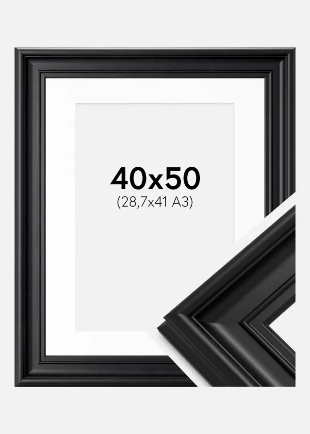 Rahmen Mora Premium Schwarz 40x50 cm - Passepartout Weiß 29,7x42 cm (A3)
