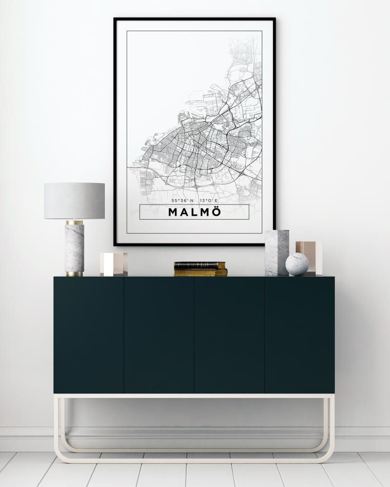 Map - Malmö - White Poster