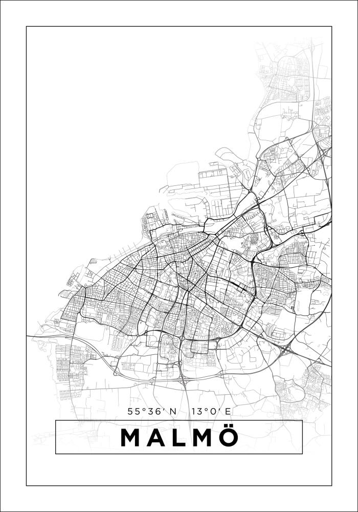 Map - Malmö - White Poster