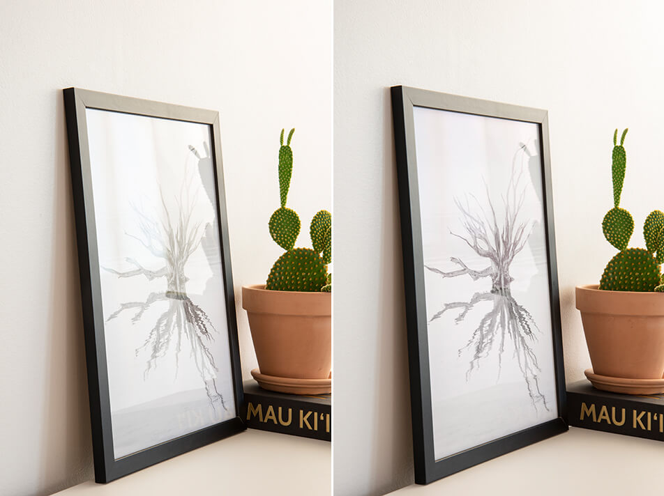 Zwei schwarze Bilderrahmen mit unterschiedlichem Bilderglas – Floatglas und Antireflexglas